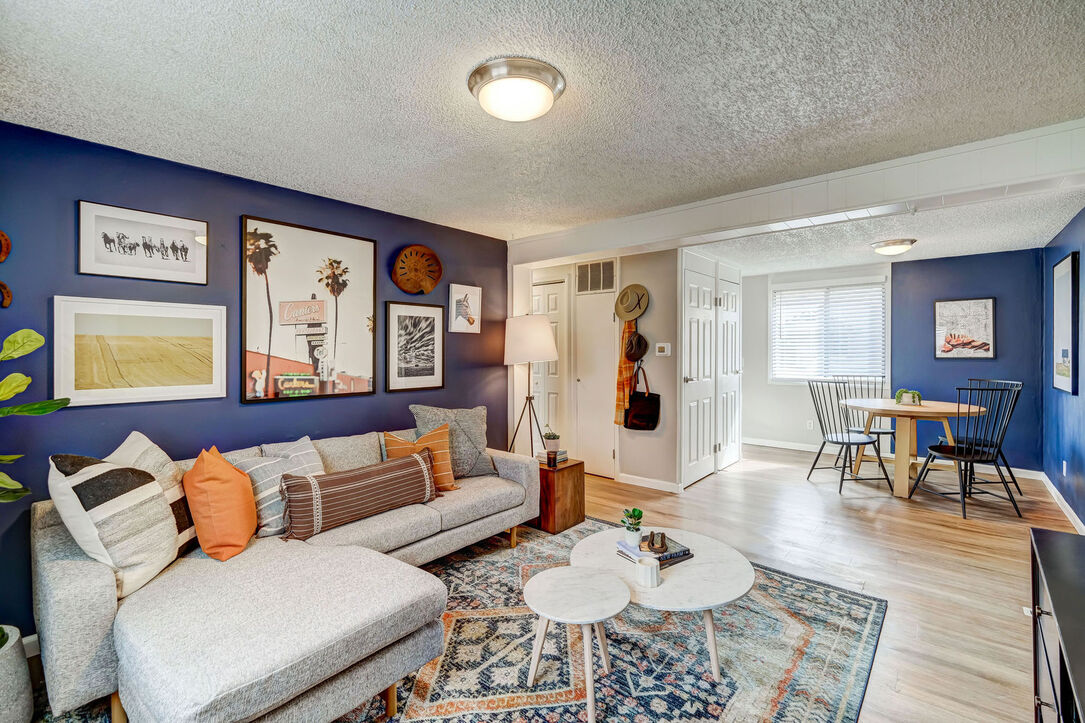 Living Room and dining area with blue accent walls